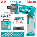 توتال تولز مفك بطاريه 8 فولت 6  نيوتن  سرعات + طقم 17 ق -  بدون شاحن  - TSDLI08025