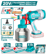 TOTAL TOOLS 20V Cordless Spray Gun, Stainless Steel Nozzle, 800ml + 2 × 2Ah Batteries & Charger - TSGLI200414