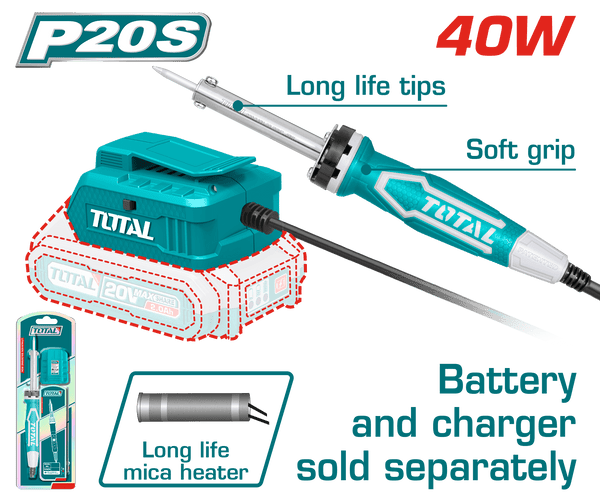 Total Tools 20V 40W Lithium-ion Soldering Iron TSILI2001, battery and charger sold separately, features preheat time of 3-5 minutes.