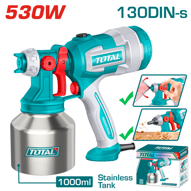 Total Tools Electric Paint Spray Gun 530W Stainless Container 1000ml