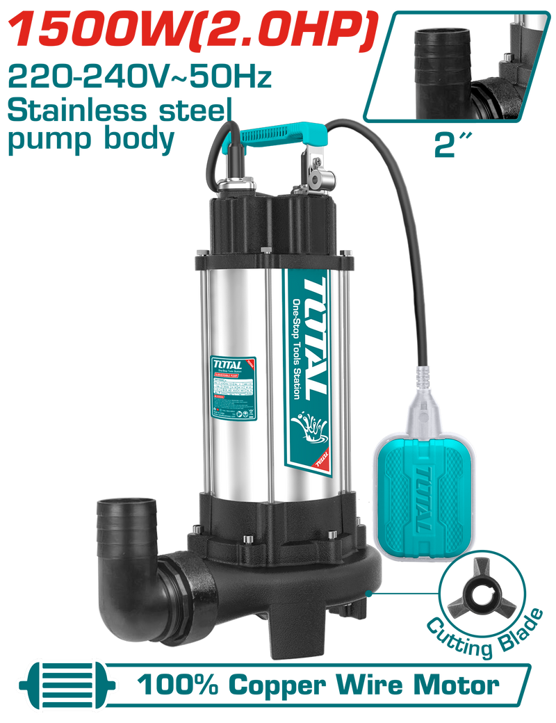 Total Tools Submersible Pump 2HP Stainless Steel Body Copper Motor - 14.5m – TWP7150026