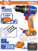 WADFOW Compact Brushless Cordless Impact Drill
 13mm , 20V 2.0Ah Lithium Battery, 52Nm + 2 Batteries and Charger -WCDP5281