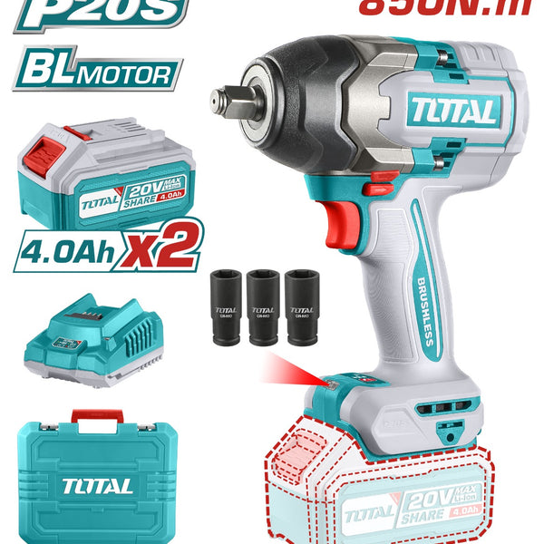 Total tools Lithium-Ion impact wrench 20V Brushless motor 850 NM 1/2