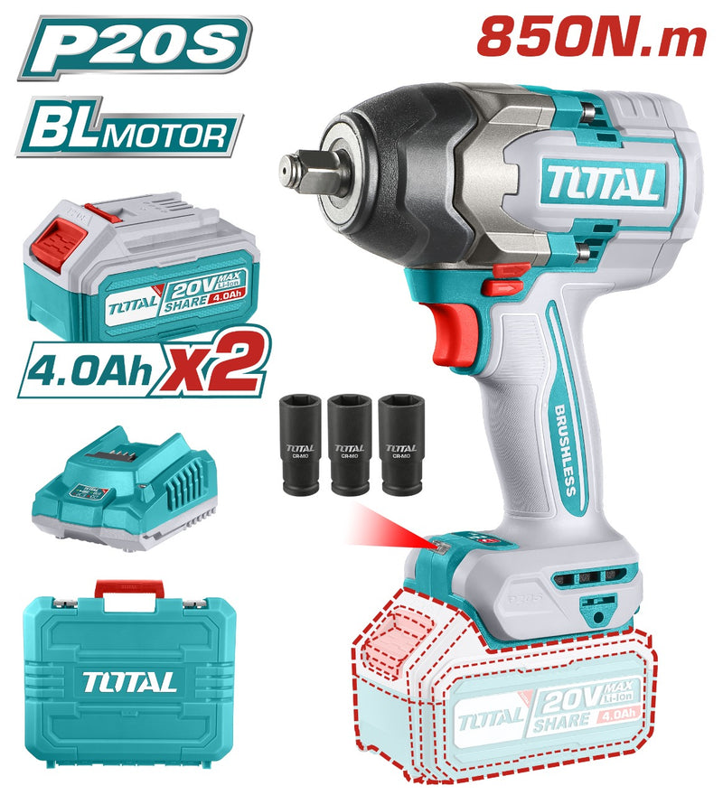 Total tools Lithium-Ion impact wrench 20V Brushless motor 850 NM 1/2" With 2 Pcs 4.0Ah battery +1 Pcs charger-TIWLI2085