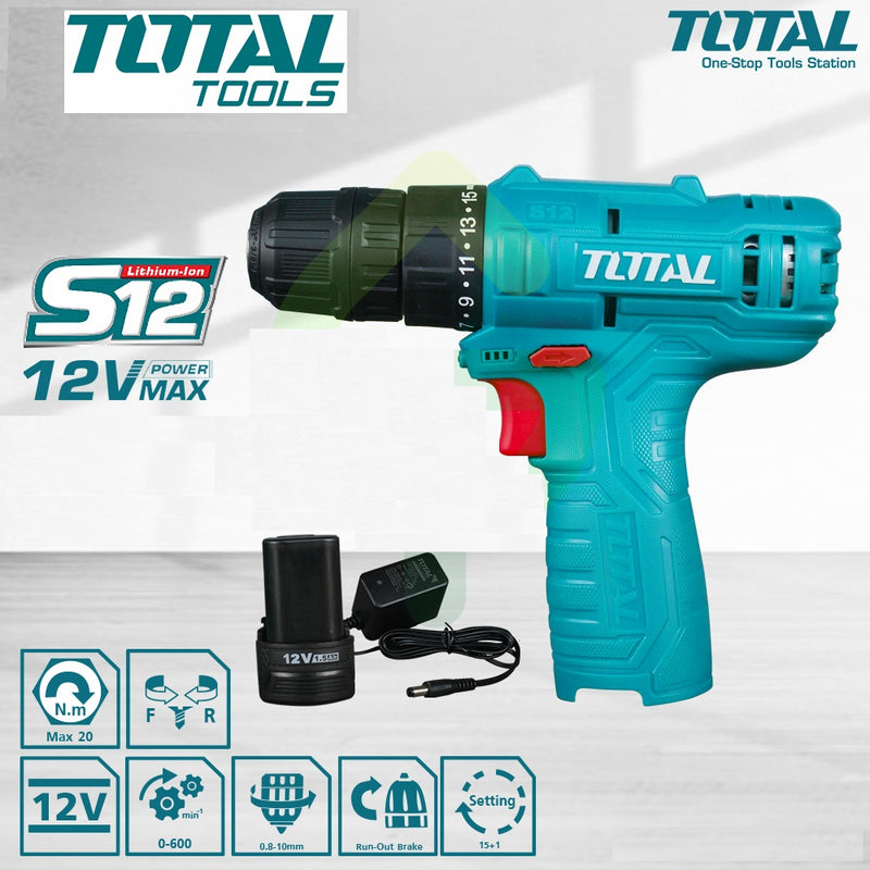 TOTAL TOOLS Lithium-Ion cordless drill 12V / Max.torque:20NM -TDLI12415